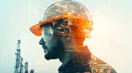 Wall Mural - A man in an orange safety suit is working in a factory. The image is a blurred, distorted view of the factory, with the man's reflection visible in the glass. Scene is somewhat eerie and unsettling