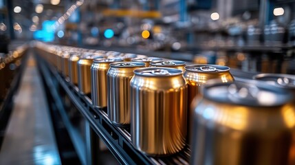 industrial closeup of shiny aluminum beverage cans on a highspeed production line conveying movement and precision manufacturing with blurred machinery in the background