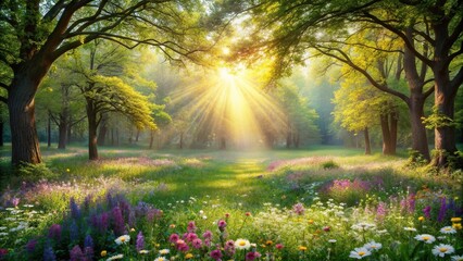 Sticker - A sun-drenched enchanted forest clearing with a flowering meadow, bright, peaceful, meadow, landscape, dreamy, vibrant, lush, magical,nature, picturesque, scenery, flowers, greenery, serene