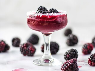 A blackberry margarita in a salted-rim glass with blackberries on a white background