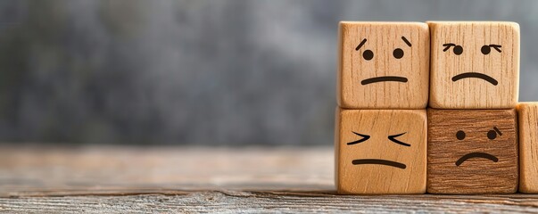 A review system represented by wooden blocks with facial expressions, emphasizing the importance of collecting and acting on feedback