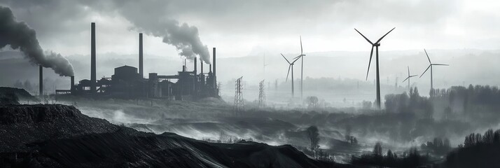 Aufkleber - Closed coal mines and old factories contrast against modern wind turbines, symbolizing the shift to renewable energy solutions. Generative AI