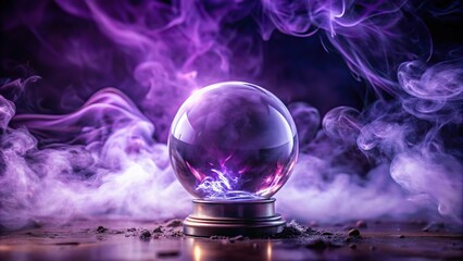 Purple smoke emitting from crystal ball in a mystical and enchanting scene, enchanting, dreamy, whimsical, smoke, mystical, supernatural, prediction, witchcraft, fantasy, magic, future