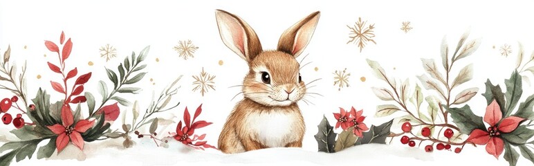 Wall Mural - Watercolor winter illustration featuring an adorable bunny festive floral elements and snowflakes Represents joy and celebration for the holiday season