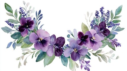 Wall Mural - Wreath adorned with watercolor green foliage and large violet blooms