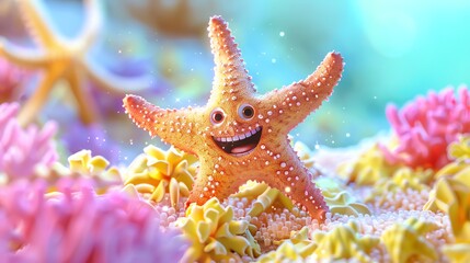 Sticker - A cartoon starfish with a big smile, surrounded by coral and sea life.