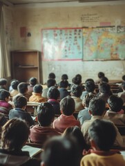 Aufkleber - Students sit closely together in an overcrowded classroom, struggling with old materials and a lack of supplies, eager to learn. Generative AI