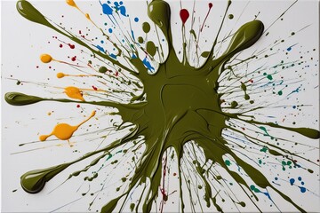 Vivid Olive Paint Explosion on White Canvas with Colorful Splashes