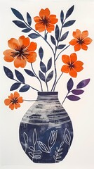 Canvas Print - Blue and orange vase bouquet plant pattern illustration poster background