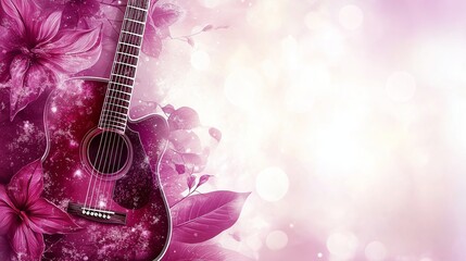 An abstract background featuring a guitar surrounded by fuchsia flowers and leaves, with a soft, light atmosphere and ample copy space