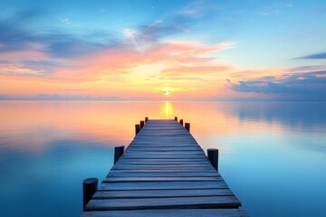 Wall Mural - A calm wooden pier stretches into a serene body of water. The sky reflects vibrant colors of sunset. Perfect for relaxation and nature appreciation. Generative AI