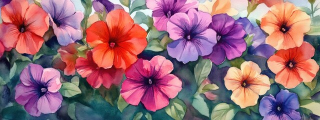 Wall Mural - Watercolor illustration of vibrant blooming Petunia flowers during the winter season