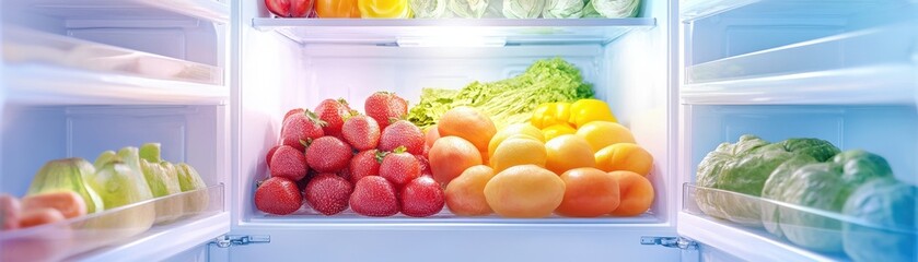 A vibrant fridge filled with fresh fruits and vegetables, showcasing healthy eating and organic lifestyle choices.