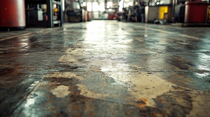 Wall Mural - Close-up View of Worn Industrial Floor with Defocused Background