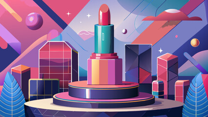 Lipstick mockup in pink pedestal and abstract geometric shapes background.