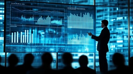 Poster - A business professional presents data visualizations on a digital screen, highlighting analysis and insights in a modern office.