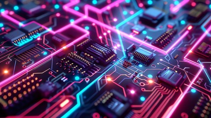 Close-up of a circuit board with glowing neon lines.