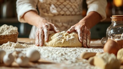 A baker's hands kneading dough on a floured countertop, with baking ingredients scattered around.