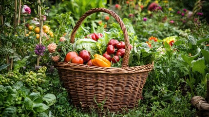 Wall Mural - A basket overflowing with freshly harvested produce in a vibrant, lush garden.