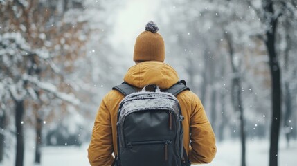 young man with backpack walking in a winter and snowfall