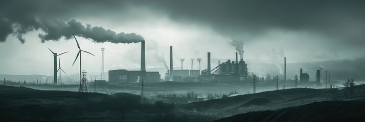 Poster - Old factories stand alongside wind turbines, highlighting a shift from coal mining to renewable energy sources in the area. Generative AI