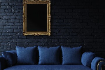 Wall Mural - 3D rendering of a modern living room with a dark blue sofa facing a brick wall with a horizontal poster hanging on it, a mirror above a cabinet with flowers in the background.