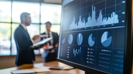 Poster - A business meeting with a focus on data analysis displayed on a monitor, highlighting charts and graphs.