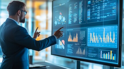 Poster - A professional analyzing data on a touchscreen display in a modern office setting.