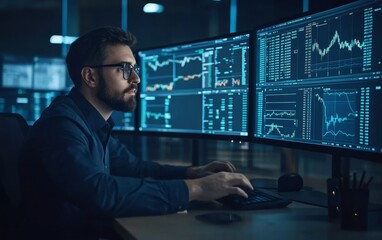 Poster - A focused individual analyzes financial data on multiple screens in a modern office environment.
