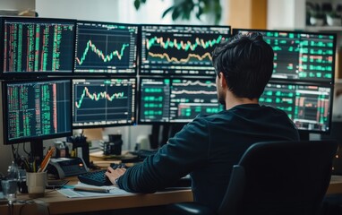 Poster - A person analyzing financial data on multiple screens in a modern office setting.