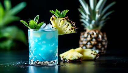 A mysterious blue cocktail, placed on a black background and decorated with pineapple slices and mint leaves, looks refreshing and tempting.