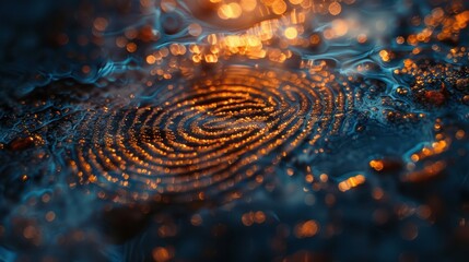 Macro closeup of illuminated fingerprint with bokeh background in warm and cool light