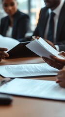 Poster - A group of professionals engaged in a meeting, reviewing documents and discussing important matters.
