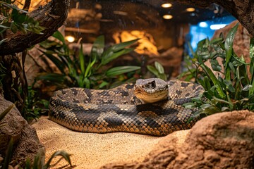 Wall Mural - Close-up of a Snake with a Striking Pattern in a Simulated Forest Environment