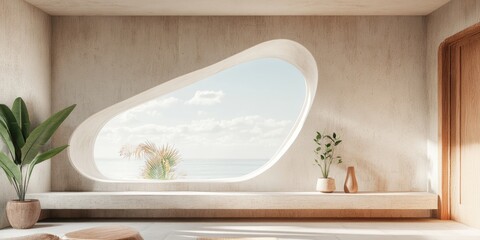Poster - 3D rendering of an abstract interior design featuring concrete and wood elements with a window