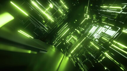 Poster - Abstract futuristic dark metallic design illuminated by glowing green light 3D rendering sci fi concept