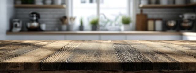 Poster - Empty wooden tabletop with a blurred kitchen background for product display montage 3D rendering