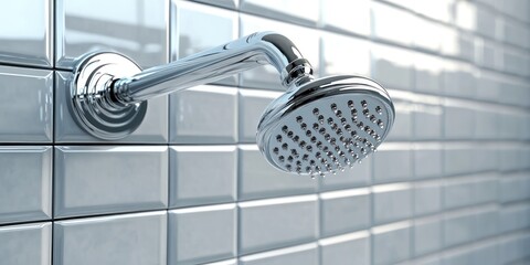 Fototapete - 3D rendering of a chrome plated sprinkle shower featuring sprayers and a tap for temperature control against a tiled wall