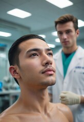 Wall Mural - A doctor carefully examining a male patient's neck during a medical checkup in a clinic.