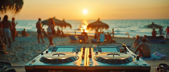 Portrait of dj mixer turntable equipment at beach party 