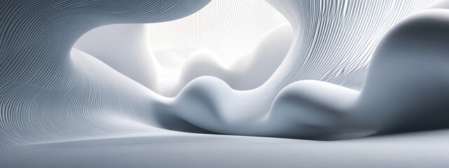 Poster - Abstract dynamic interior featuring smooth white objects within a dark space 3D rendering and illustration