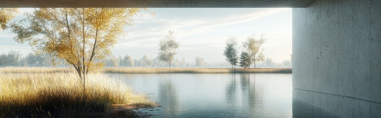 Poster - 3D rendering of a serene interior view of a lake surrounded by grasslands