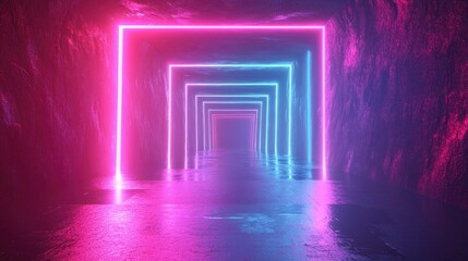 Poster - 3D rendering of a glowing tunnel with neon lights featuring an abstract background square portal and arch in vibrant pink and blue spectrum colors resembling a laser show