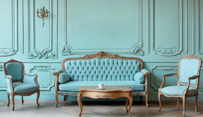 Wall Mural - The interior of a French country house is decorated with a sofa, armchair, and a variety of decorative objects. An empty wall is in the background.