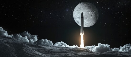 Aufkleber - Flying rocket to the moon in a 3D cartoon rendering white image on a black background