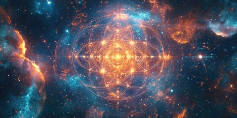 Aufkleber - Sacred geometry design template featuring interlocking circles triangles and squares along with golden ratio numbers energy flows and particles set against a background of outer space presented in