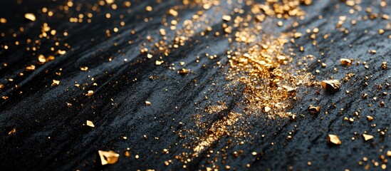 Poster - 3D cartoon depiction of golden flakes scattered on a black surface