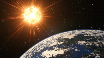 Aufkleber - 3D cartoon visualization of the Earth and the Sun from space showcasing rays radiating from the star Panoramic perspective from orbit
