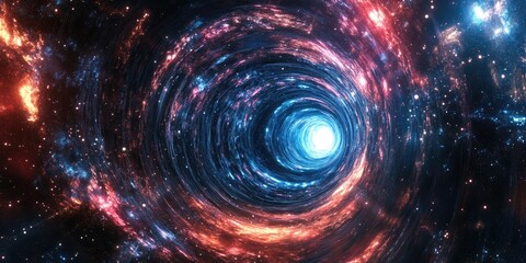 Poster - Cartoon stylized 3D rendering of a cosmic wormhole illustrating a space travel concept with a funnel shaped tunnel connecting different universes