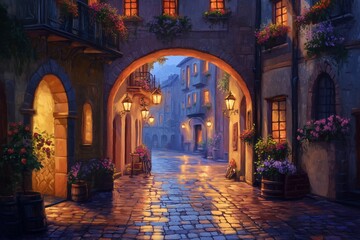 Canvas Print - Oil painting of an old street in the evening, a fantasy city, with moonlight and night lights. A narrow alley with arches and buildings, a wet cobblestone road, flowers on balconies